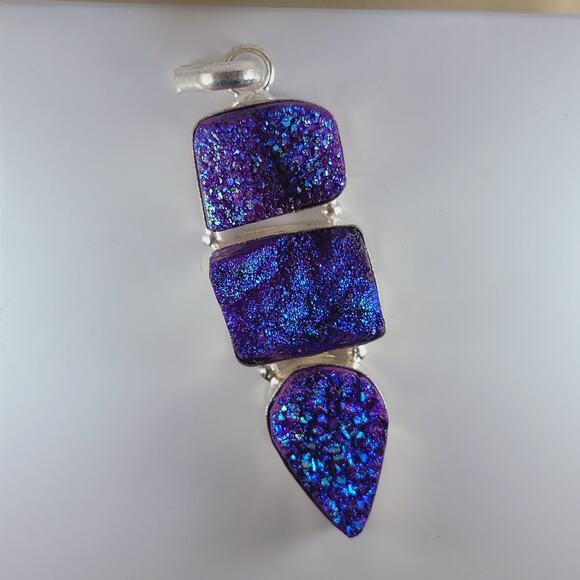 Purple Druzy Quartz Sterling Silver Pendant 2.5" Iridescent Triple Drop - Picture 3 of 13